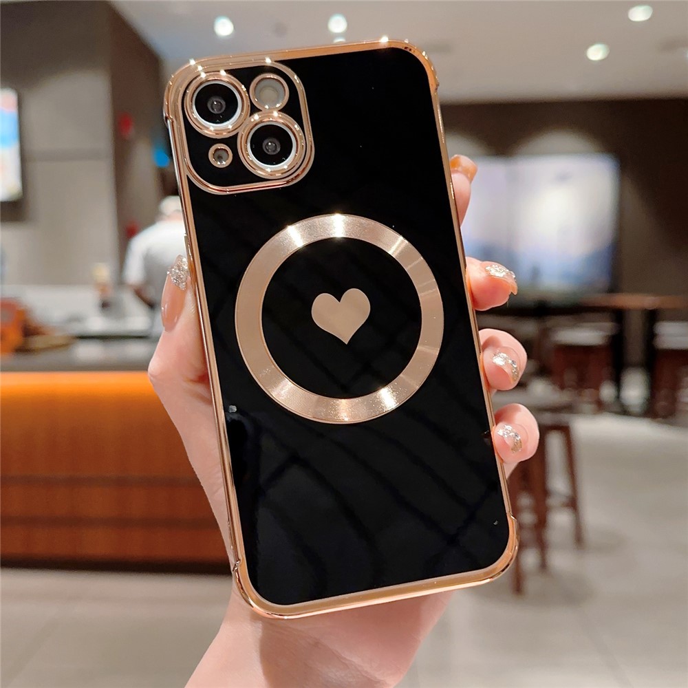 For iPhone 14 Case Compatible with MagSafe Heart Pattern TPU Phone Cover - Black