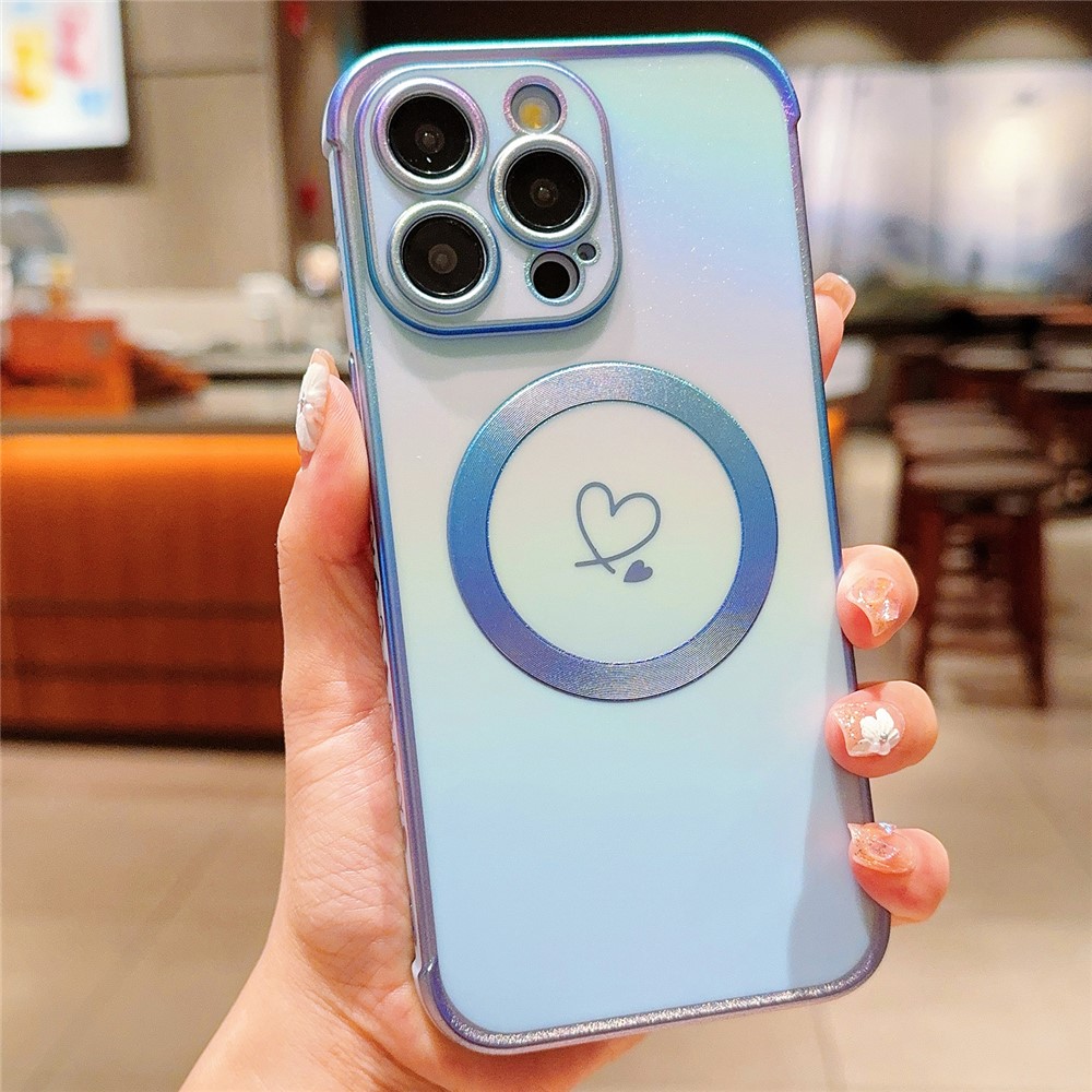 For iPhone 13 Pro Max Magnetic Case Side Love Heart TPU Phone Cover Gradient Holographic - Colorful Blue