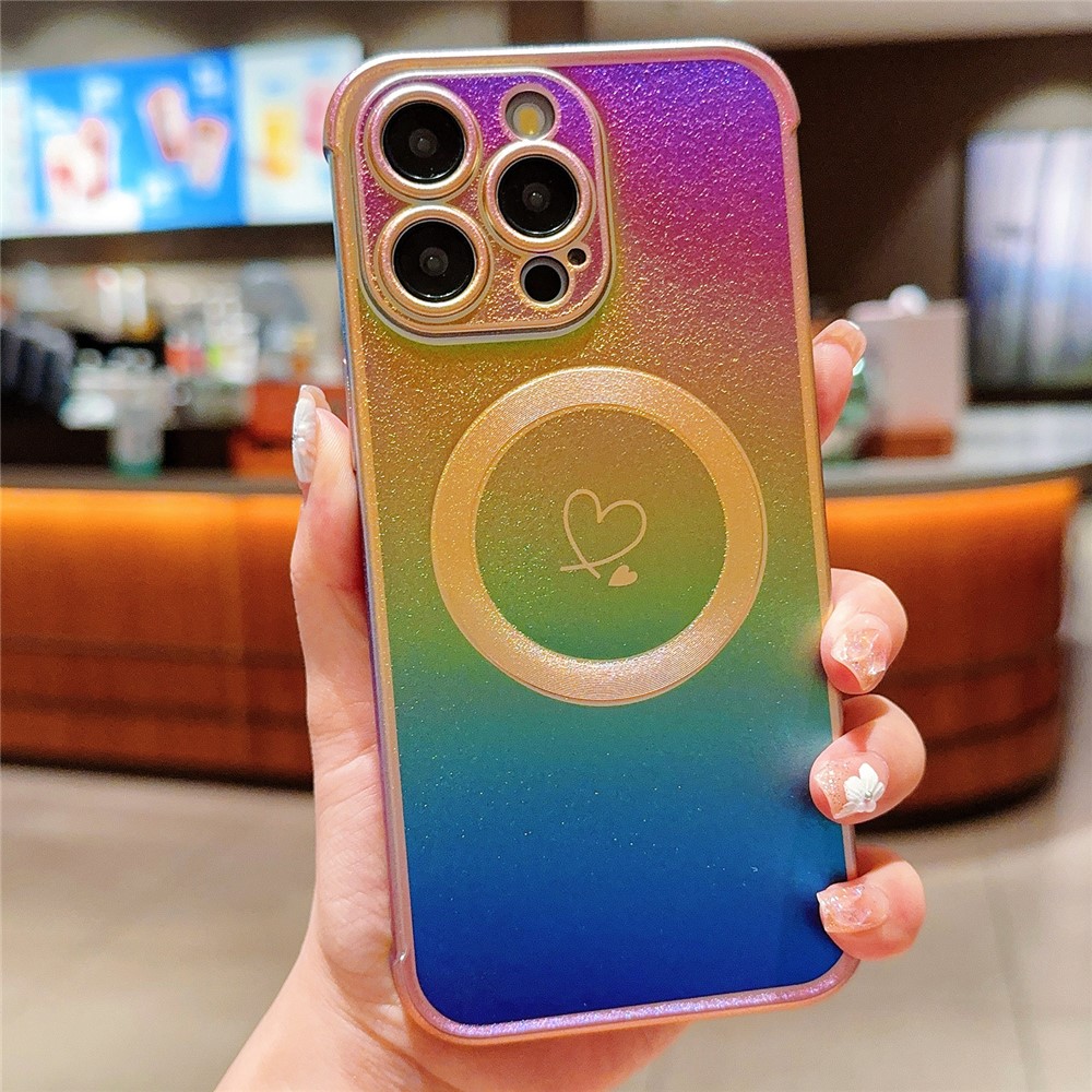 For iPhone 13 Pro Max Magnetic Case Side Love Heart TPU Phone Cover Gradient Holographic - Colorful
