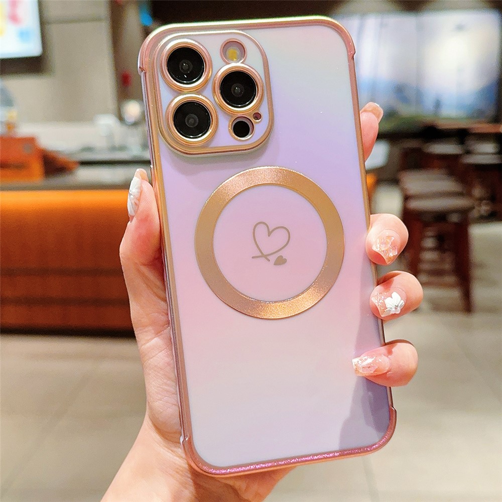 For iPhone 13 Pro Max Magnetic Case Side Love Heart TPU Phone Cover Gradient Holographic - Colorful Purple