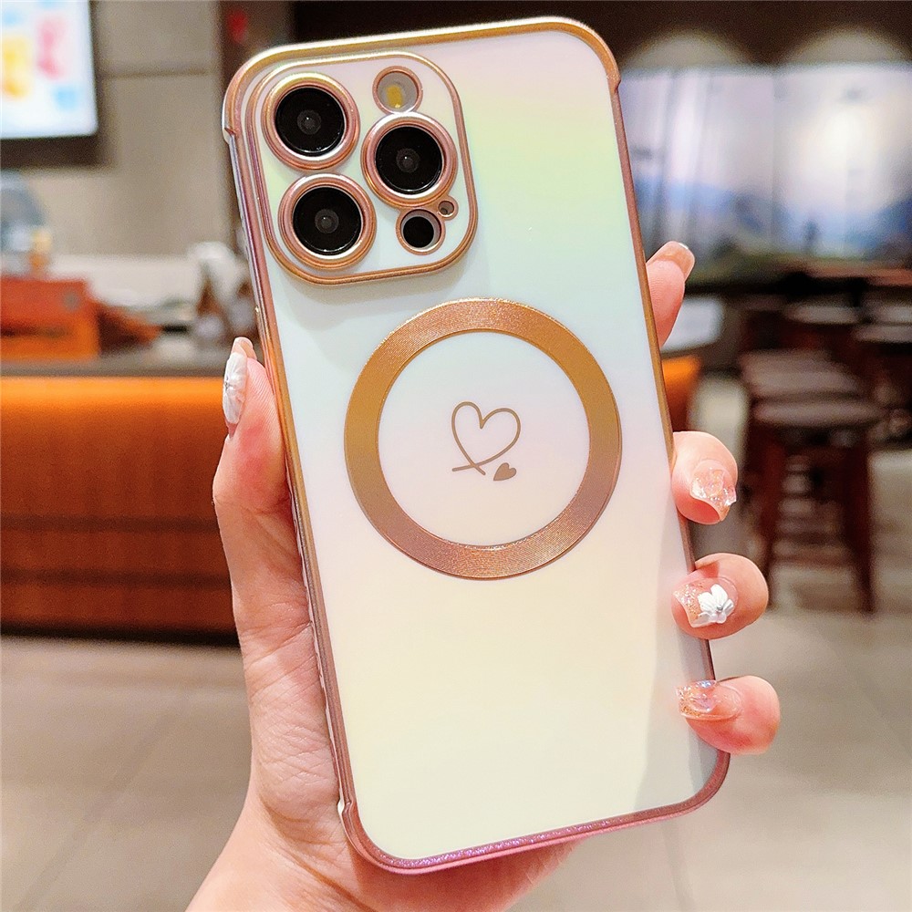For iPhone 13 Pro Magnetic Case TPU Phone Cover Love Hearts Rainbow Raised Lens Protection - Colorful White