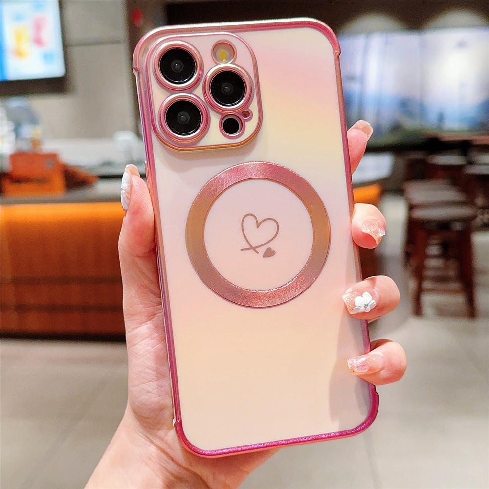 For iPhone 13 Pro Magnetic Case TPU Phone Cover Love Hearts Rainbow Raised Lens Protection - Colorful Pink