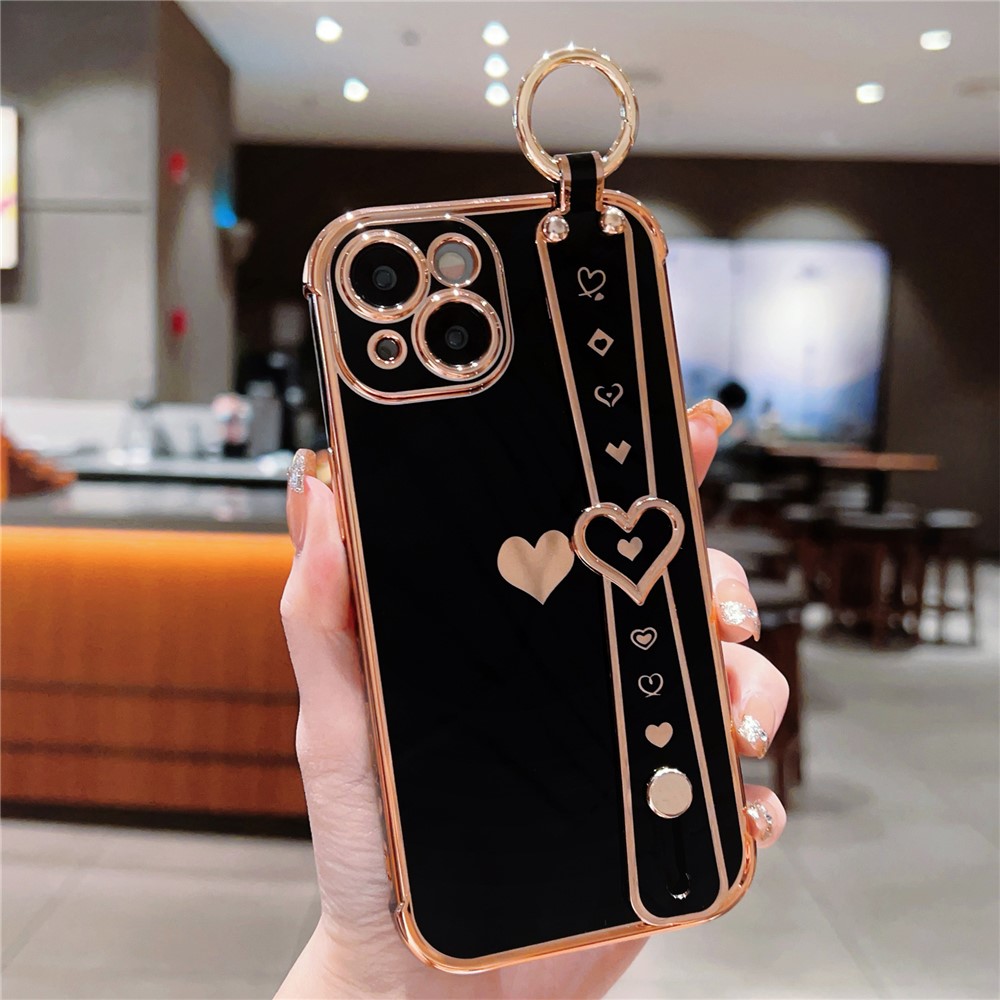 For iPhone 13 Case Love Heart Pattern TPU Phone Cover Wristband Finger Holder - Black