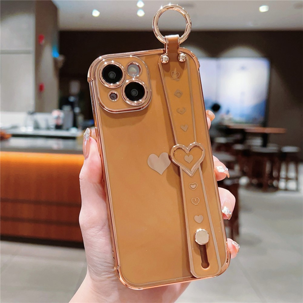 For iPhone 13 Case Love Heart Pattern TPU Phone Cover Wristband Finger Holder - Brown