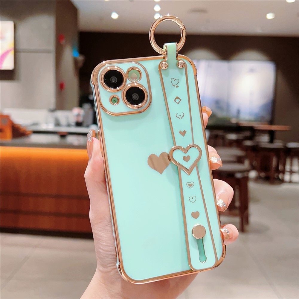 For iPhone 13 Case Love Heart Pattern TPU Phone Cover Wristband Finger Holder - Mint Green