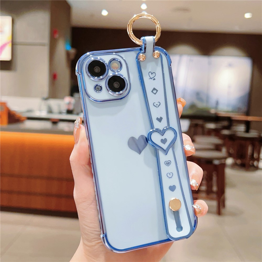 For iPhone 13 Case Love Heart Pattern TPU Phone Cover Wristband Finger Holder - Blue