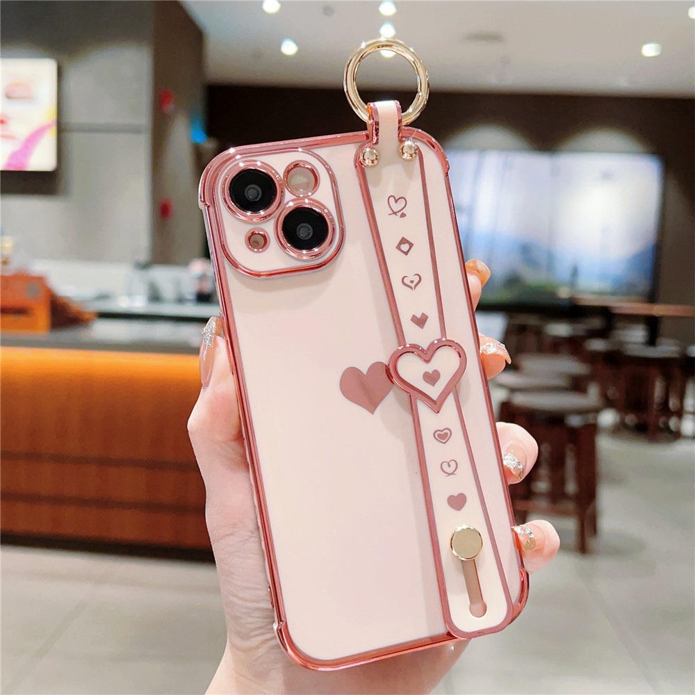 For iPhone 13 Case Love Heart Pattern TPU Phone Cover Wristband Finger Holder - Pink
