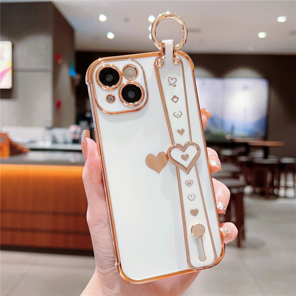 For iPhone 13 Case Love Heart Pattern TPU Phone Cover Wristband Finger Holder - Ivory White