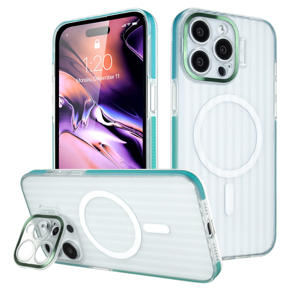 For iPhone 14 Pro Case with Kickstand PC+TPU Phone Cover Strip Pattern Back Compatible with MagSafe - Blue