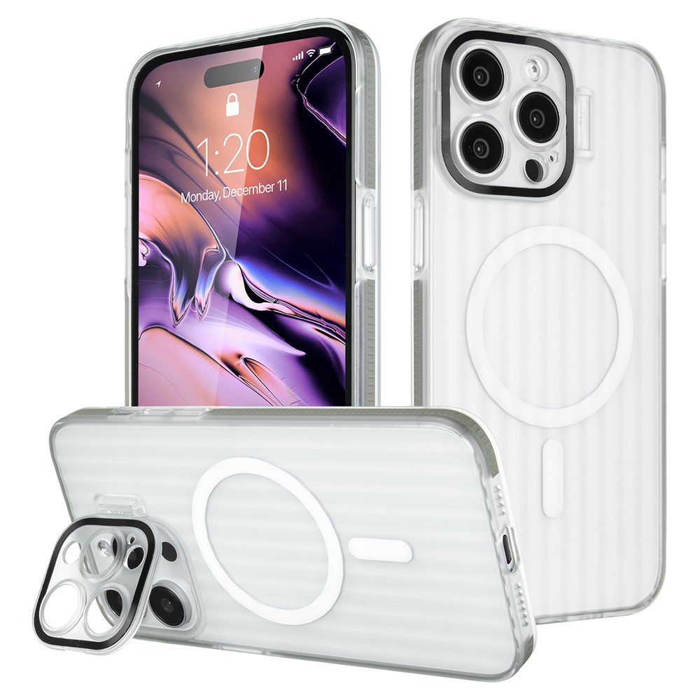 For iPhone 14 Pro Case with Kickstand PC+TPU Phone Cover Strip Pattern Back Compatible with MagSafe - Grey