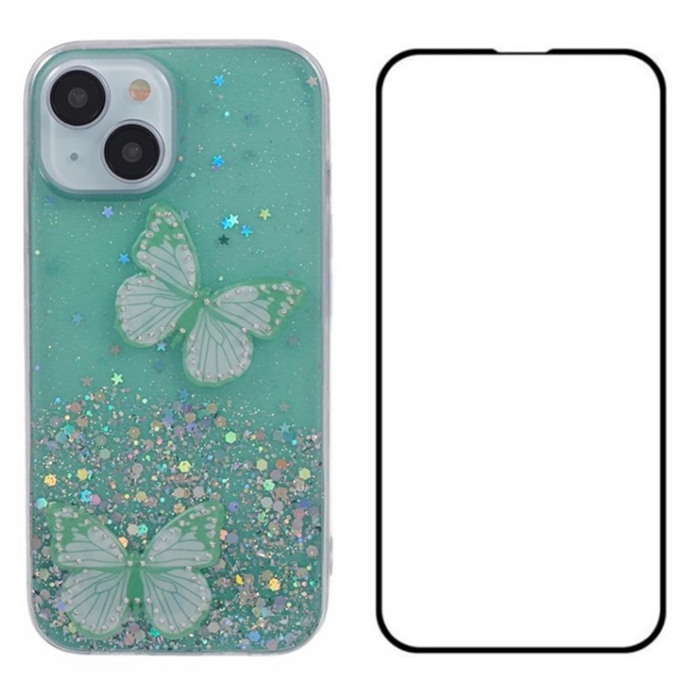 WANLONFENG AW Series for iPhone 15 TPU Case PVC 3D Butterfly Epoxy Phone Cover with HD Film - Green