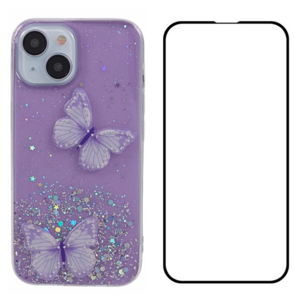 WANLONFENG AW Series for iPhone 15 Plus Case Butterfly Glitter Bling TPU Phone Cover with HD Film - Purple