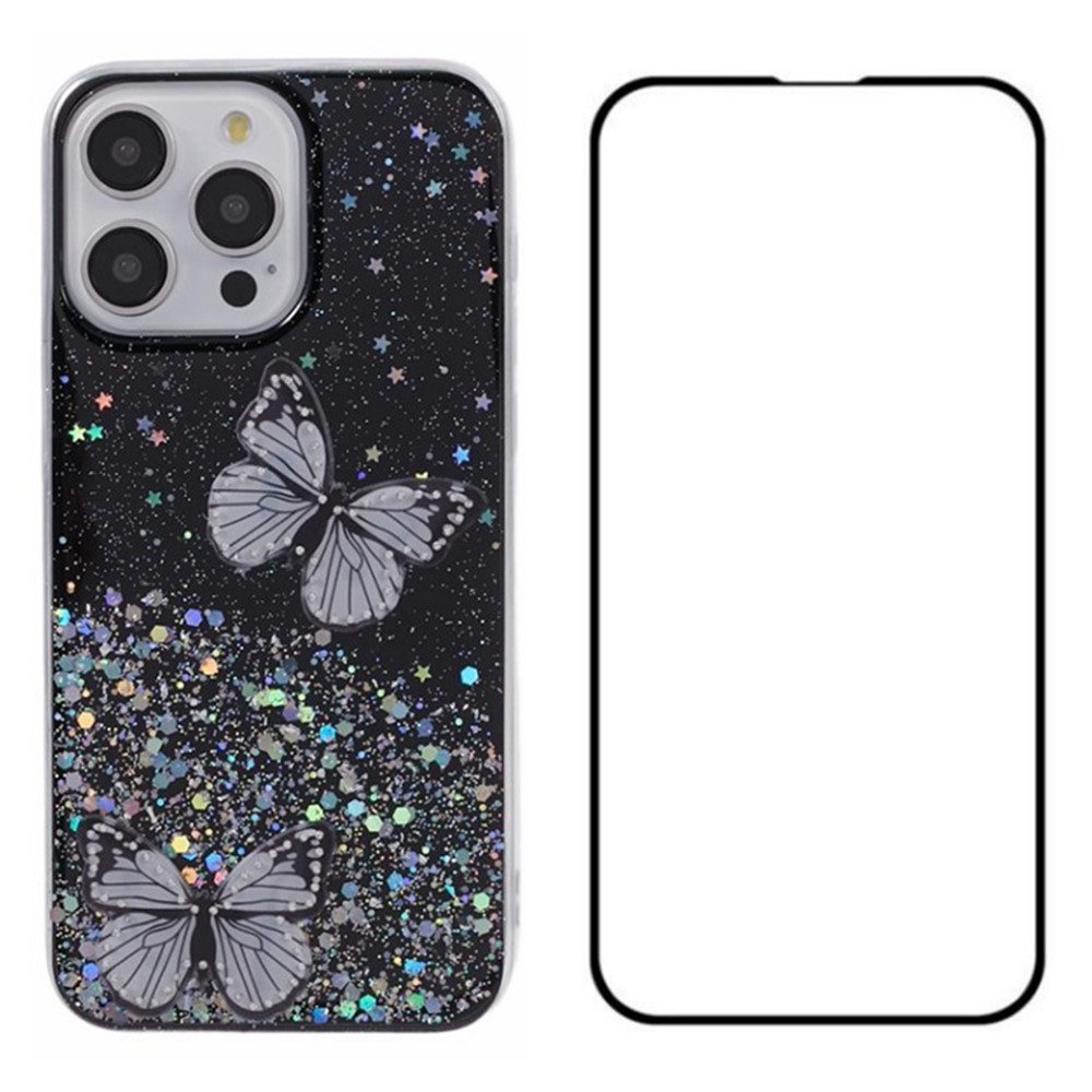 WANLONFENG AW Series for iPhone 14 Pro Case Bling Butterfly TPU 2-in-1 Phone Cover with Screen Protector - Black