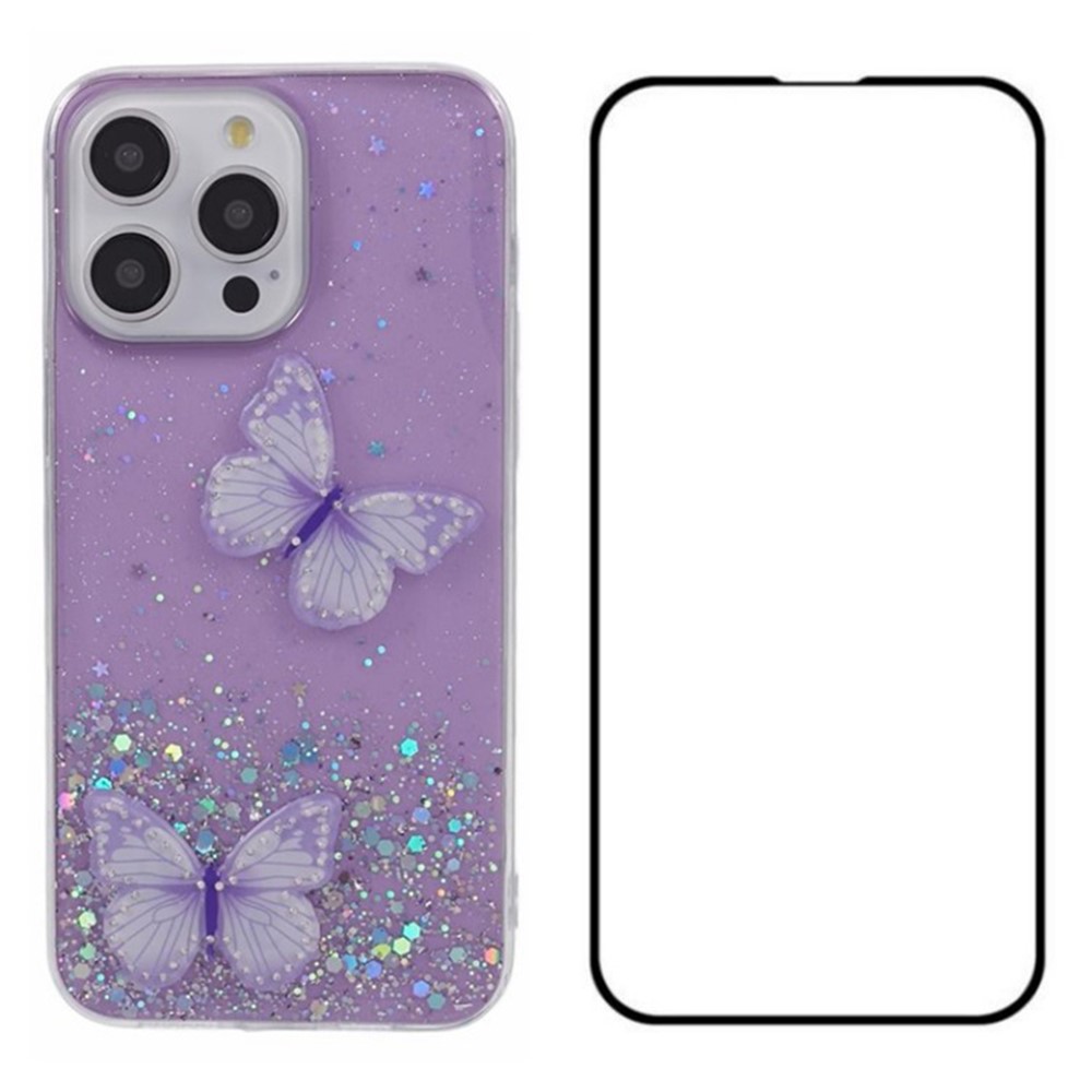 WANLONFENG AW Series for iPhone 13 Pro Max Case with Screen Protector 2-in-1 TPU Phone Cover Butterfly Trendy Aesthetic - Purple