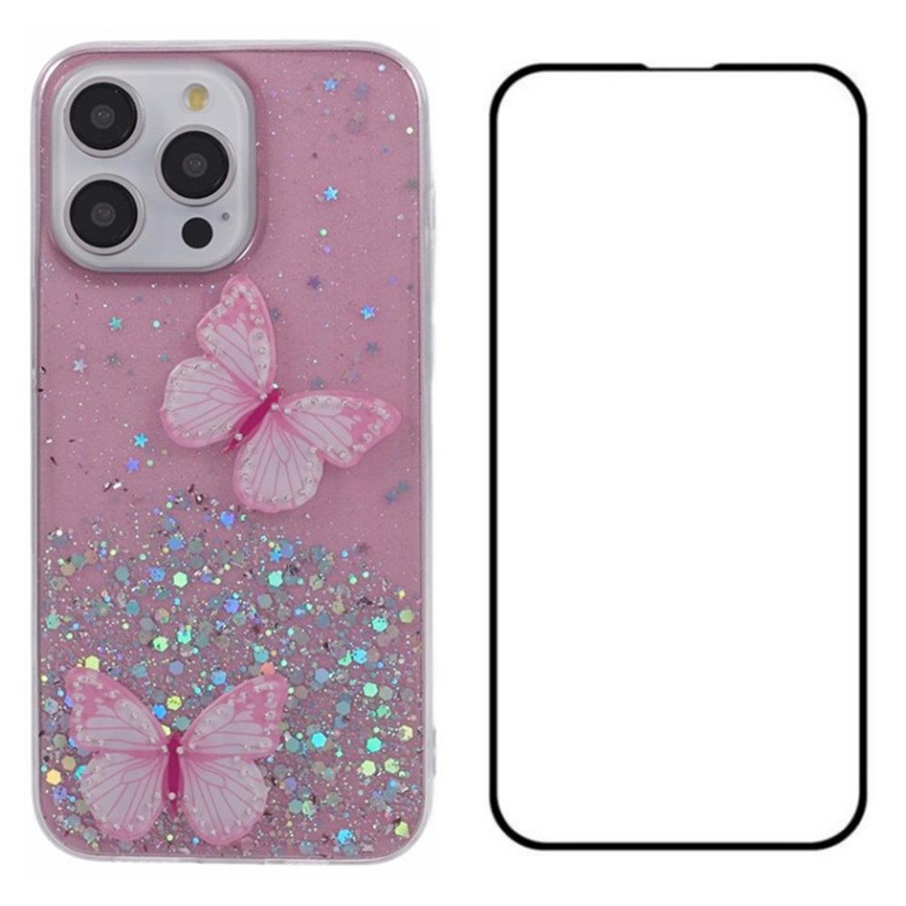 WANLONFENG AW Series for iPhone 13 Pro Max Case with Screen Protector 2-in-1 TPU Phone Cover Butterfly Trendy Aesthetic - Pink
