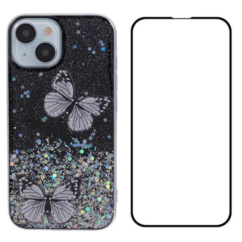 WANLONFENG AW Series for iPhone 14 Case with Screen Protector TPU Phone Cover 3D Butterfly Bling - Black