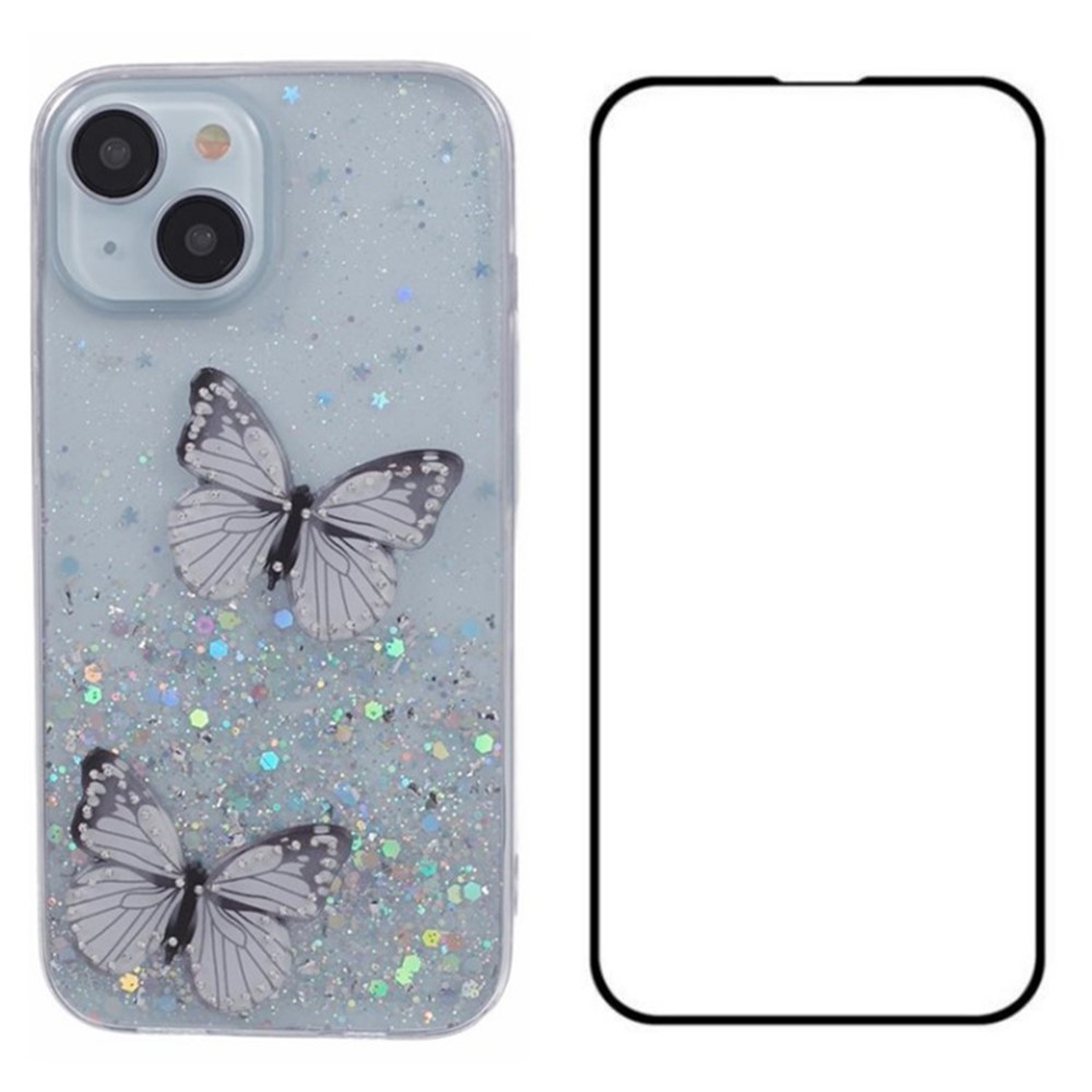 WANLONFENG AW Series for iPhone 14 Case with Screen Protector TPU Phone Cover 3D Butterfly Bling - White