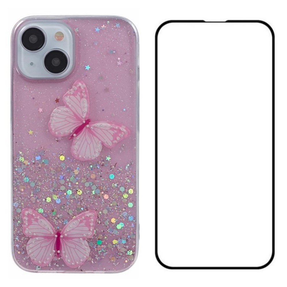 WANLONFENG AW Series for iPhone 14 Case with Screen Protector TPU Phone Cover 3D Butterfly Bling - Pink