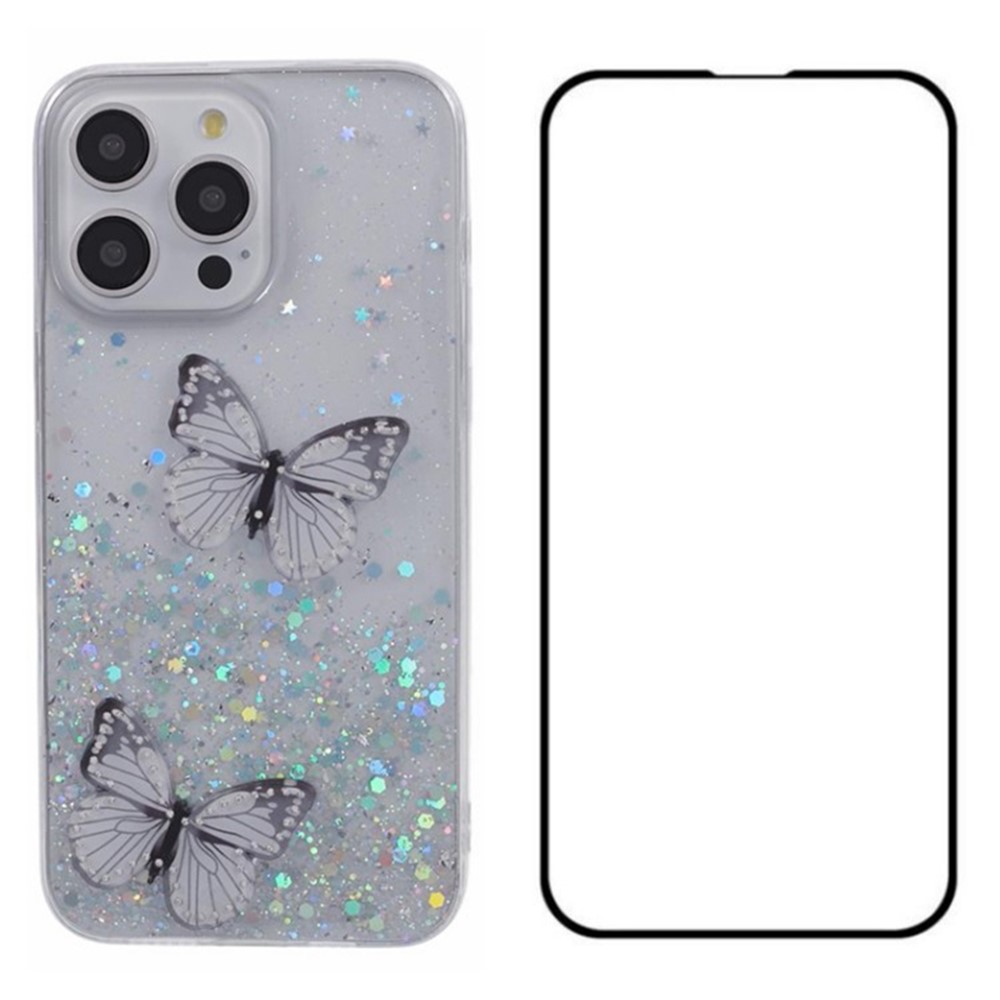 WANLONFENG AW Series for iPhone 13 Pro Case 3D Butterfly Decor TPU Phone Cover with Screen Protector - White