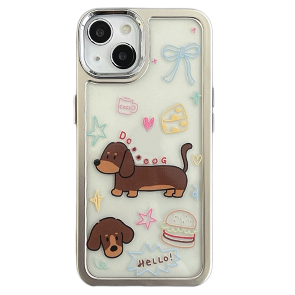 For iPhone 14 Case Pattern Design PC+TPU Phone Cover - Coffee Dachshund