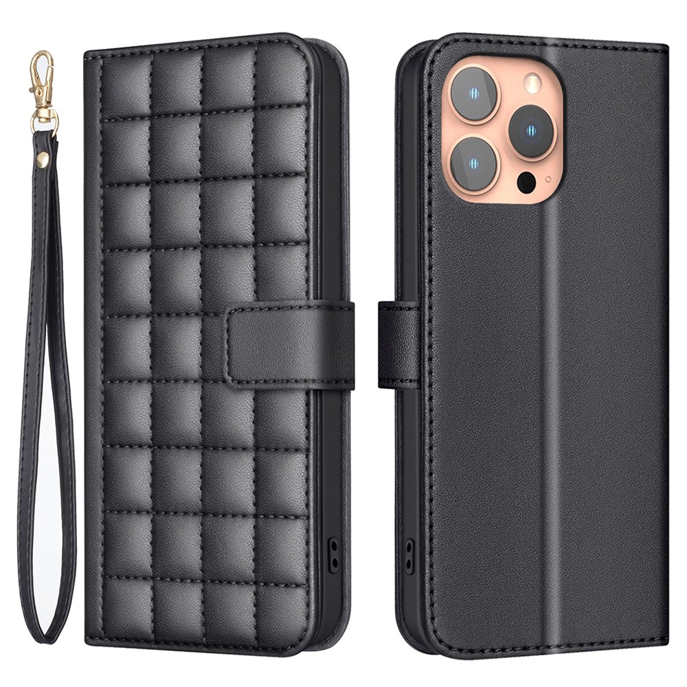 BINFEN COLOR for iPhone 14 Pro Max Case Square Grid Pattern Wallet Leather Cover - Black
