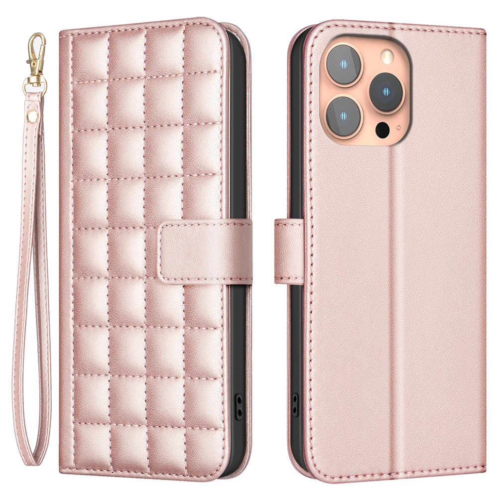 BINFEN COLOR for iPhone 14 Pro Max Case Square Grid Pattern Wallet Leather Cover - Rose Gold