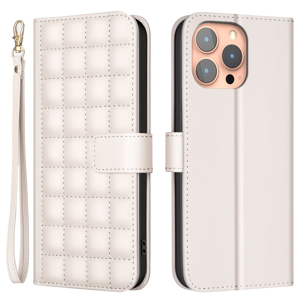 BINFEN COLOR for iPhone 14 Pro Case Full Protection Square Grid Leather Cover - Beige