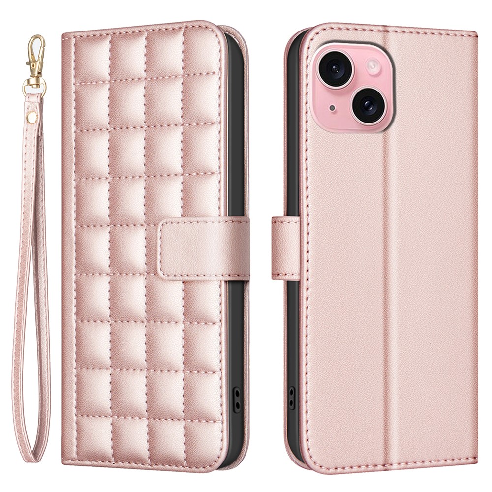 BINFEN COLOR for iPhone 14 / 13 Case Wallet Phone Leather Cover Square Grid - Rose Gold