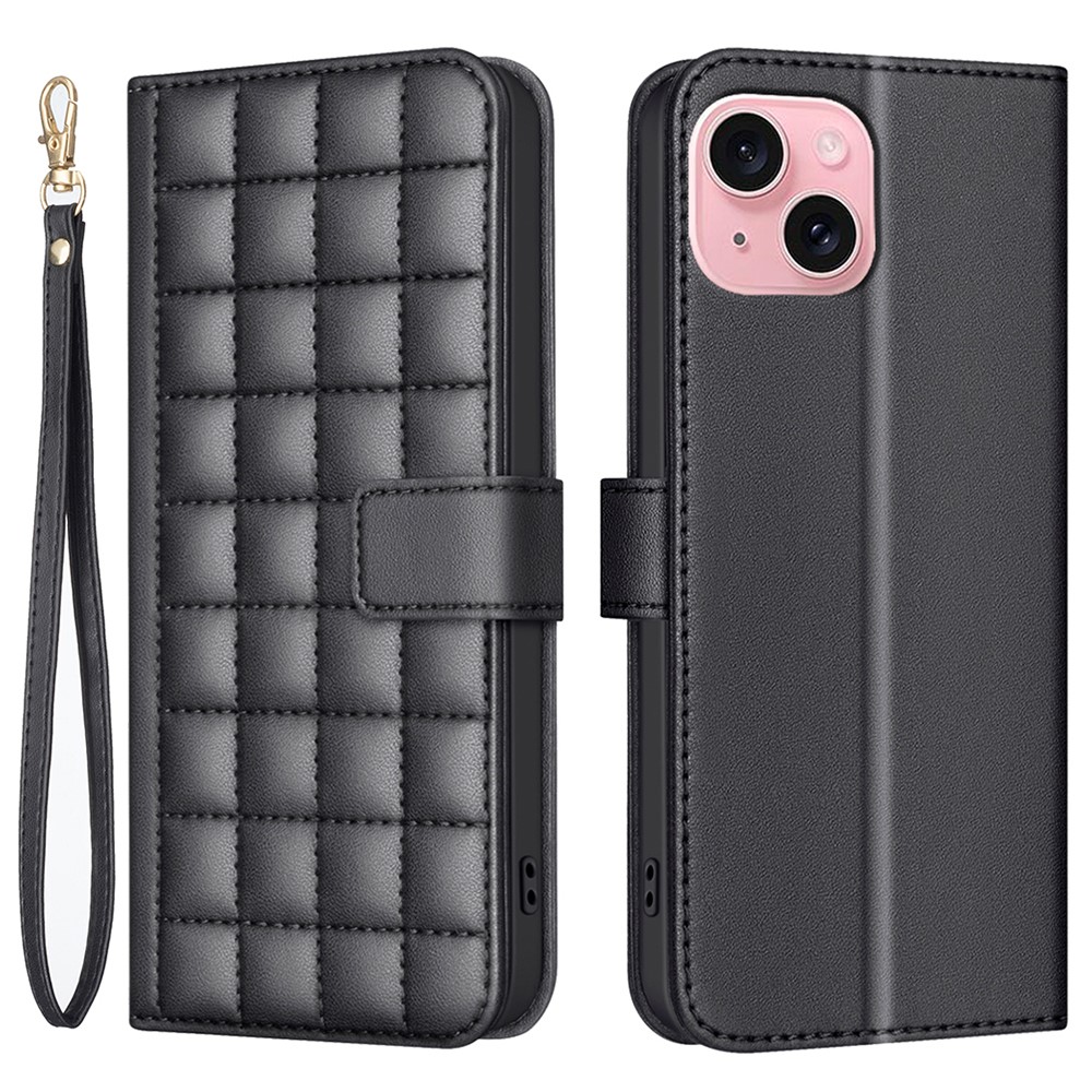 BINFEN COLOR BF34 for iPhone 15 Case PU Leather Square Grid Pattern Phone Cover - Black