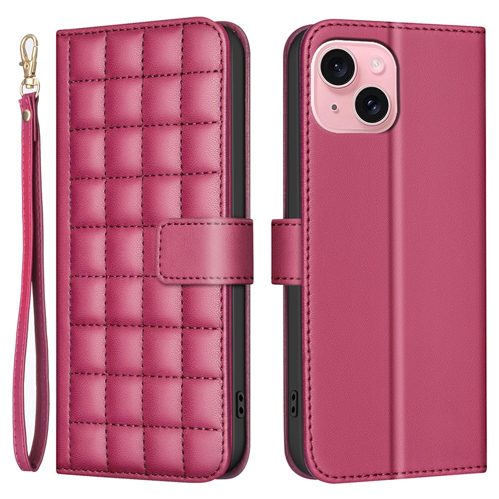 BINFEN COLOR BF34 for iPhone 15 Case PU Leather Square Grid Pattern Phone Cover - Red