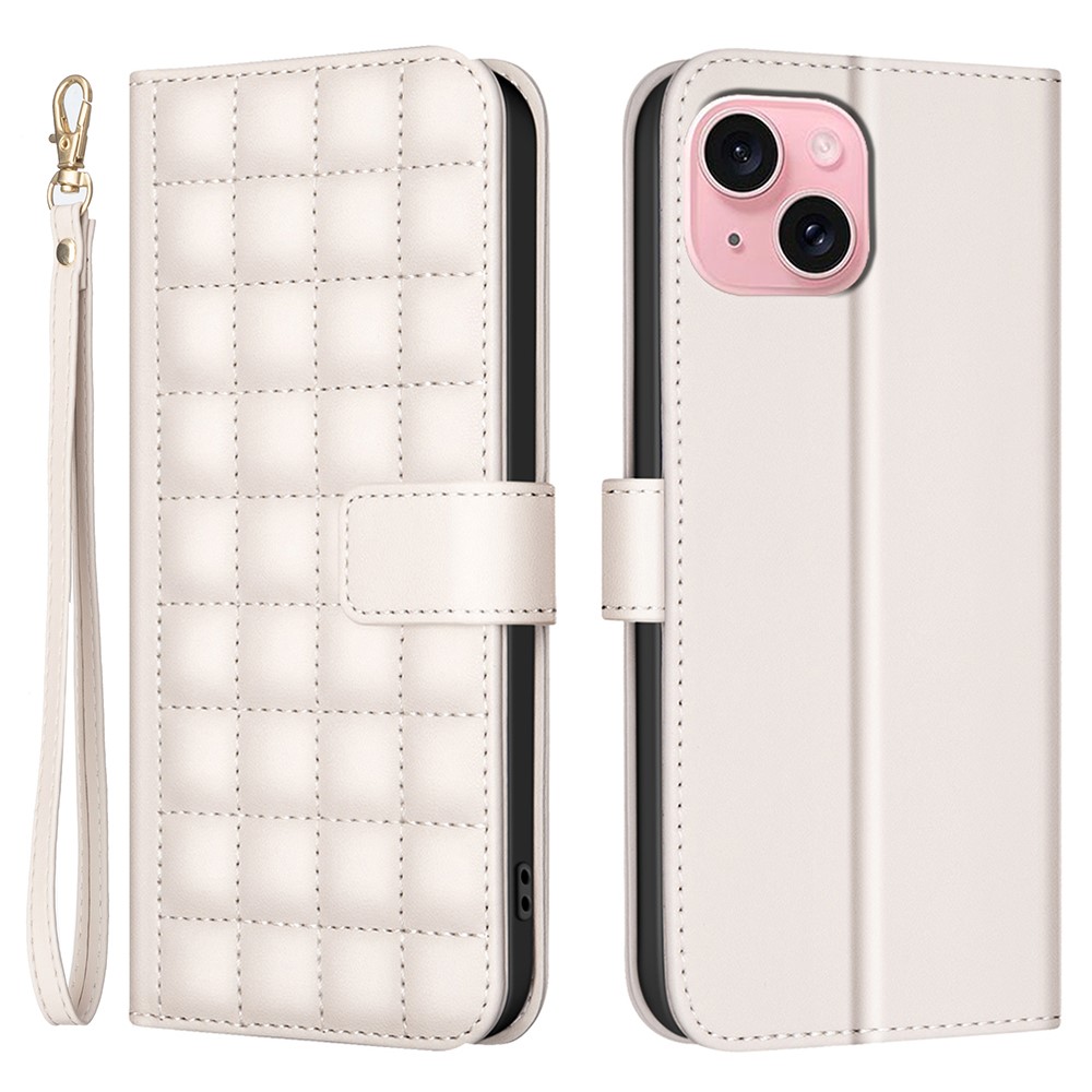 BINFEN COLOR BF34 for iPhone 15 Case PU Leather Square Grid Pattern Phone Cover - Beige