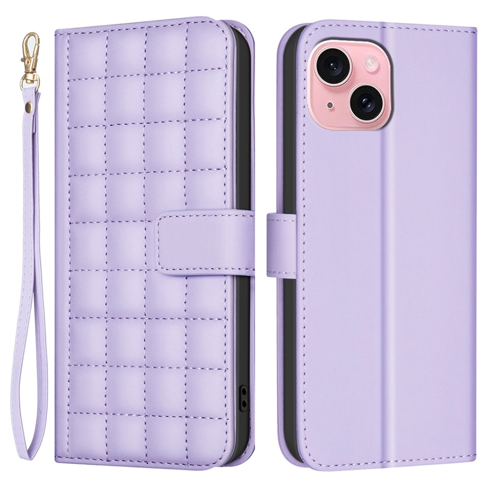 BINFEN COLOR BF34 for iPhone 15 Case PU Leather Square Grid Pattern Phone Cover - Light Purple