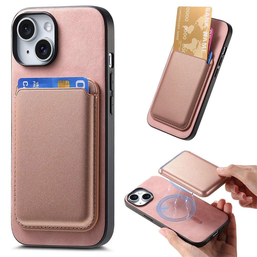 B2 For iPhone 13 Magnetic Phone Case Leather Back Phone Cover Detachable Card Bag - Rose Gold