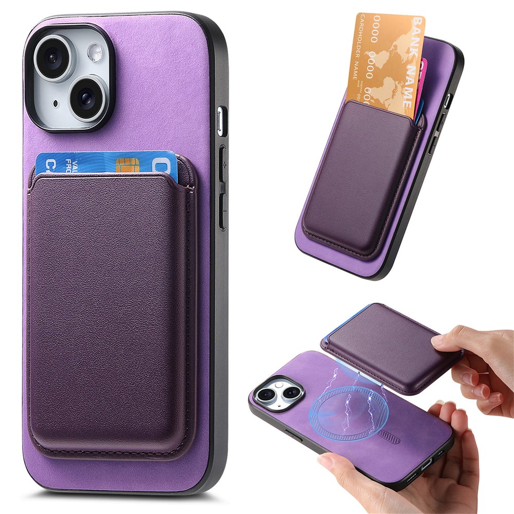 B2 For iPhone 13 Magnetic Phone Case Leather Back Phone Cover Detachable Card Bag - Purple