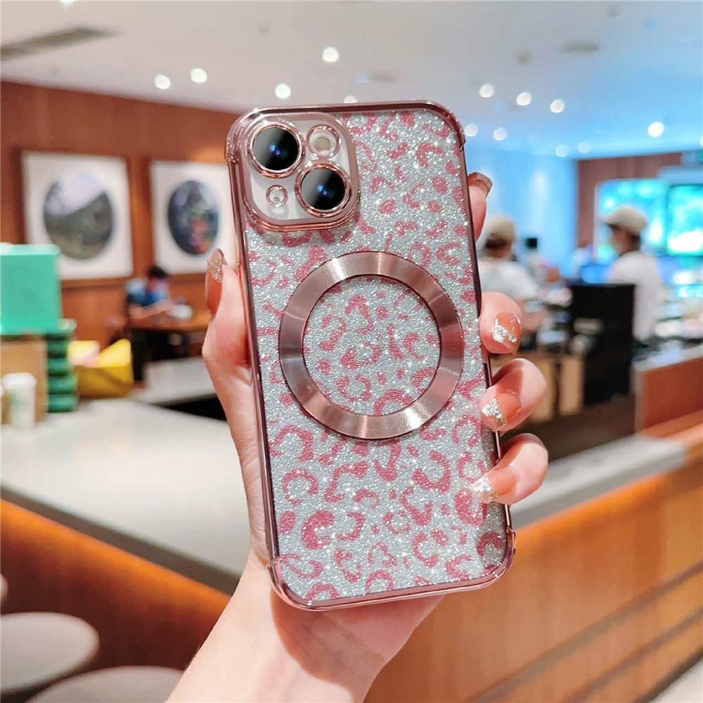For iPhone 15 Case Compatible with MagSafe Bling Glitter Leopard Print TPU Clear Phone Cover - Rose Pink