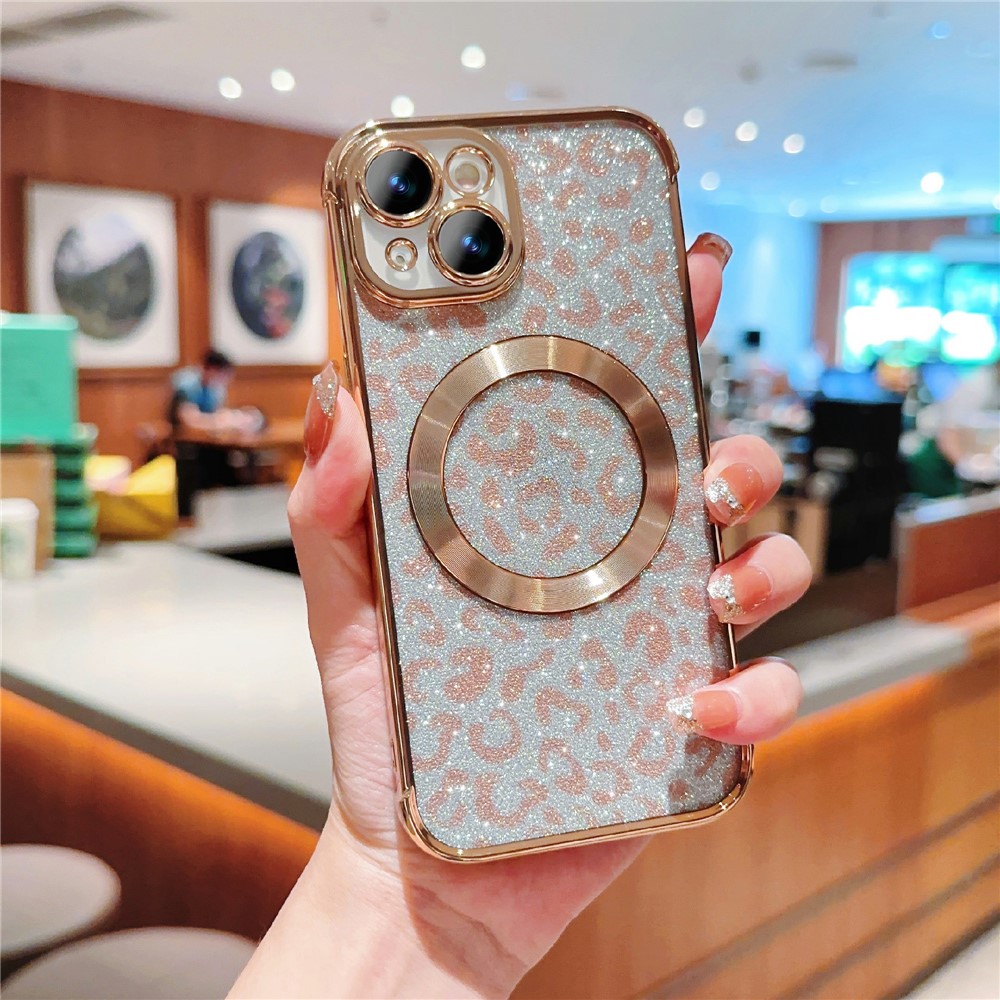 For iPhone 15 Case Compatible with MagSafe Bling Glitter Leopard Print TPU Clear Phone Cover - Gold