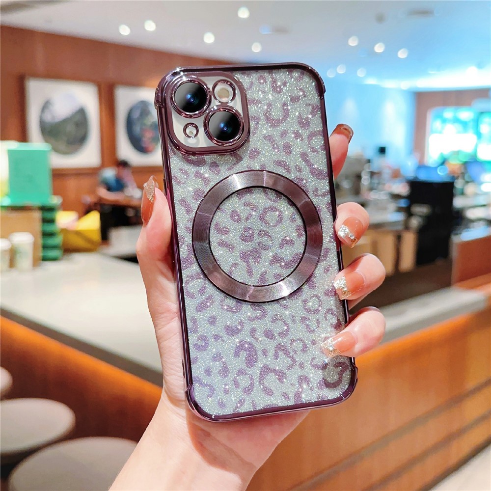 For iPhone 15 Case Compatible with MagSafe Bling Glitter Leopard Print TPU Clear Phone Cover - Dark Purple