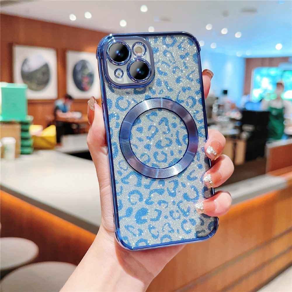 For iPhone 15 Case Compatible with MagSafe Bling Glitter Leopard Print TPU Clear Phone Cover - Blue