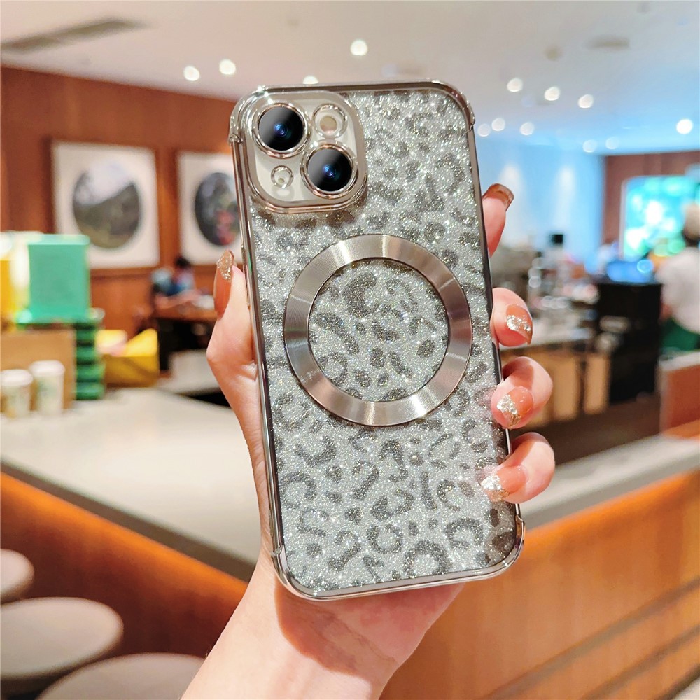 For iPhone 15 Case Compatible with MagSafe Bling Glitter Leopard Print TPU Clear Phone Cover - Silver