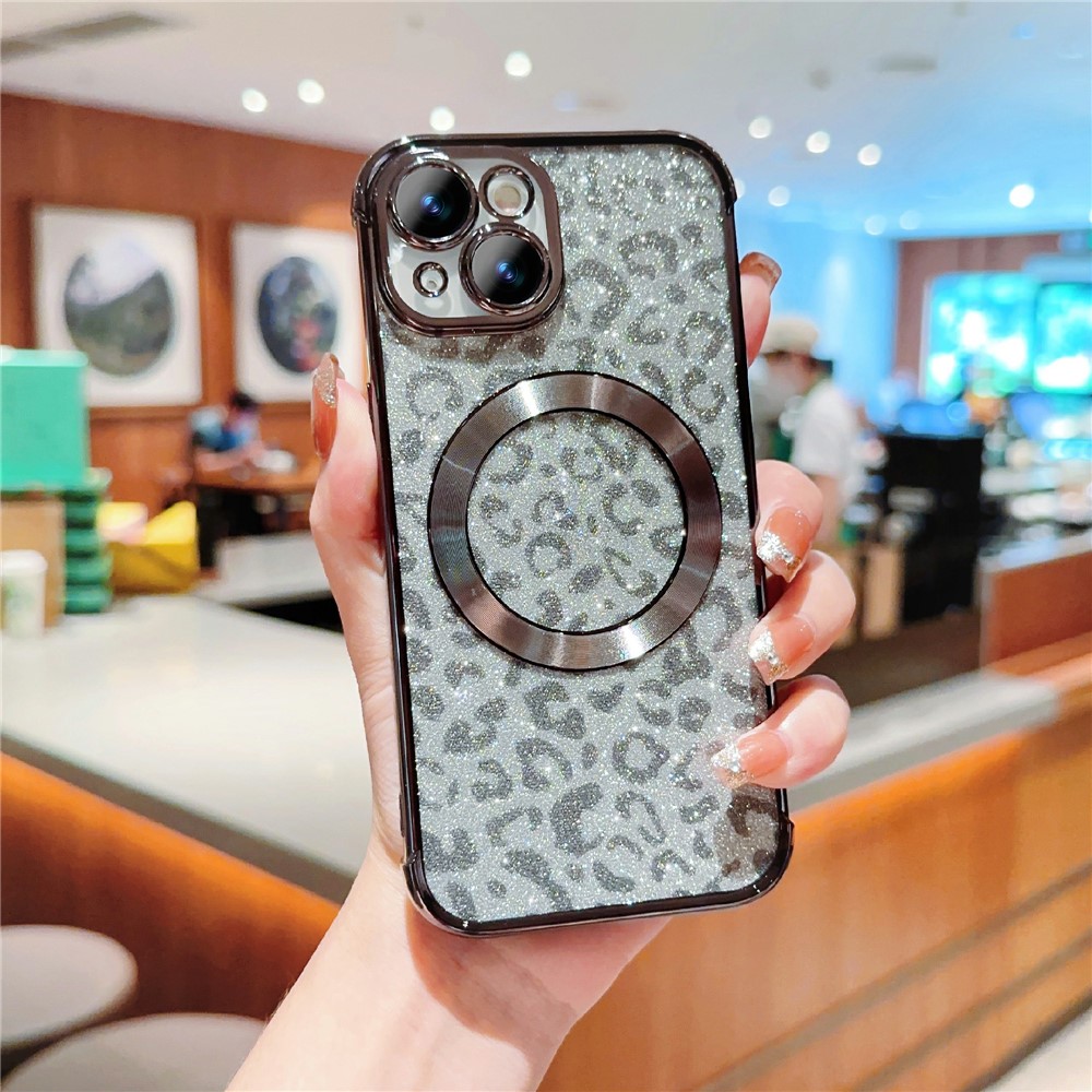 For iPhone 15 Case Compatible with MagSafe Bling Glitter Leopard Print TPU Clear Phone Cover - Black