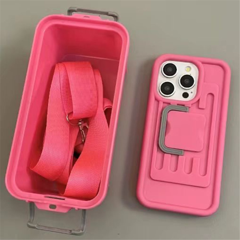 XX Series For iPhone 14 Pro Phone Case PC+TPU Cover with Crossbody Storage Box - Rose