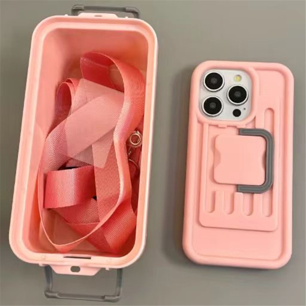 XX Series For iPhone 14 Pro Phone Case PC+TPU Cover with Crossbody Storage Box - Pink