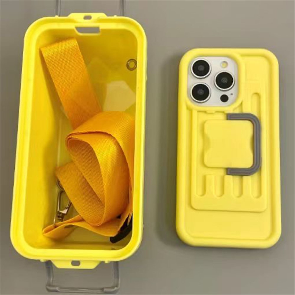 XX Series For iPhone 14 Pro Phone Case PC+TPU Cover with Crossbody Storage Box - Yellow