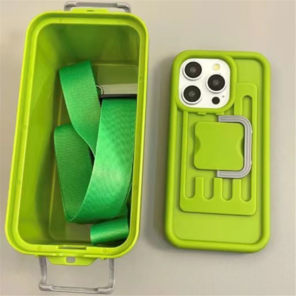 XX Series For iPhone 14 Pro Max Case Creative Storage Box PC+TPU Phone Cover with Crossbody Strap - Green