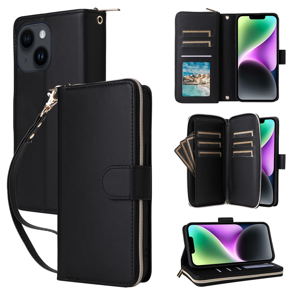 R20 For iPhone 14 / 13 Case Zipper Pocket Leather Phone Cover Stand View - Black