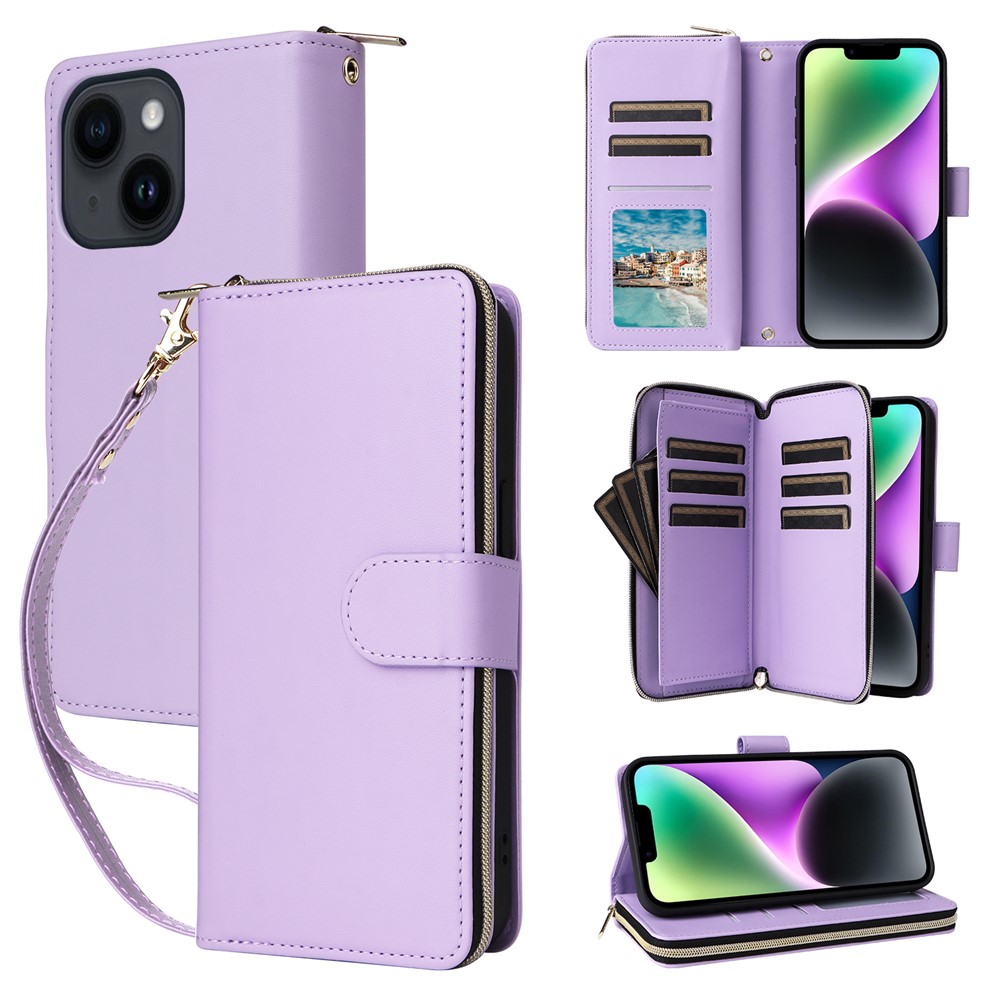 R20 For iPhone 14 / 13 Case Zipper Pocket Leather Phone Cover Stand View - Light Purple