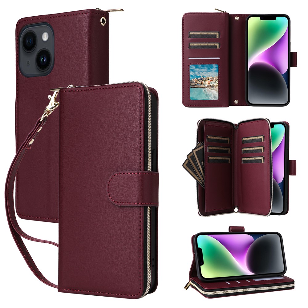 R20 For iPhone 14 / 13 Case Zipper Pocket Leather Phone Cover Stand View - Wine Red