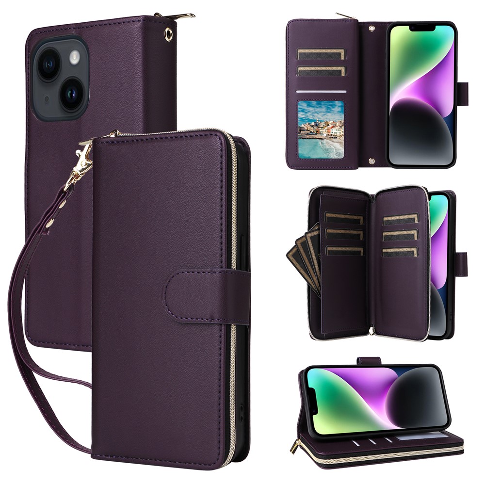 R20 For iPhone 14 / 13 Case Zipper Pocket Leather Phone Cover Stand View - Dark Purple