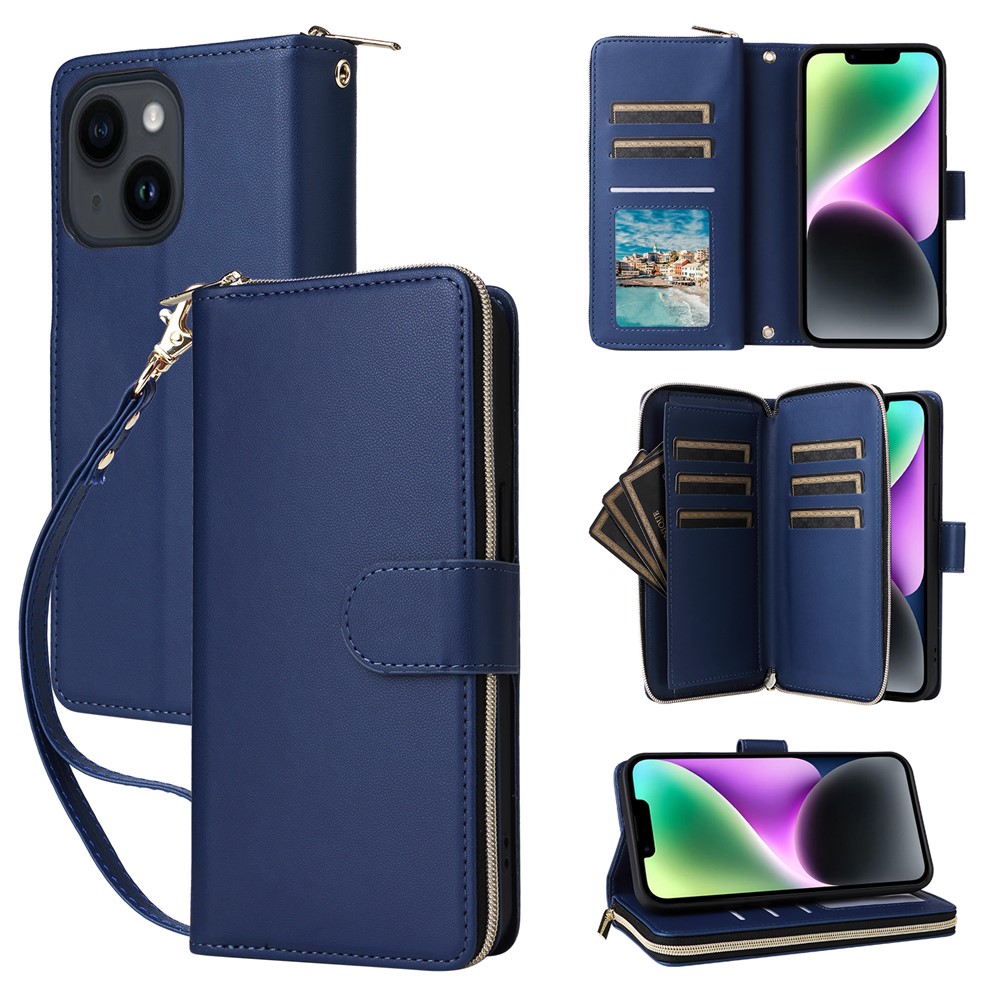 R20 For iPhone 14 / 13 Case Zipper Pocket Leather Phone Cover Stand View - Blue