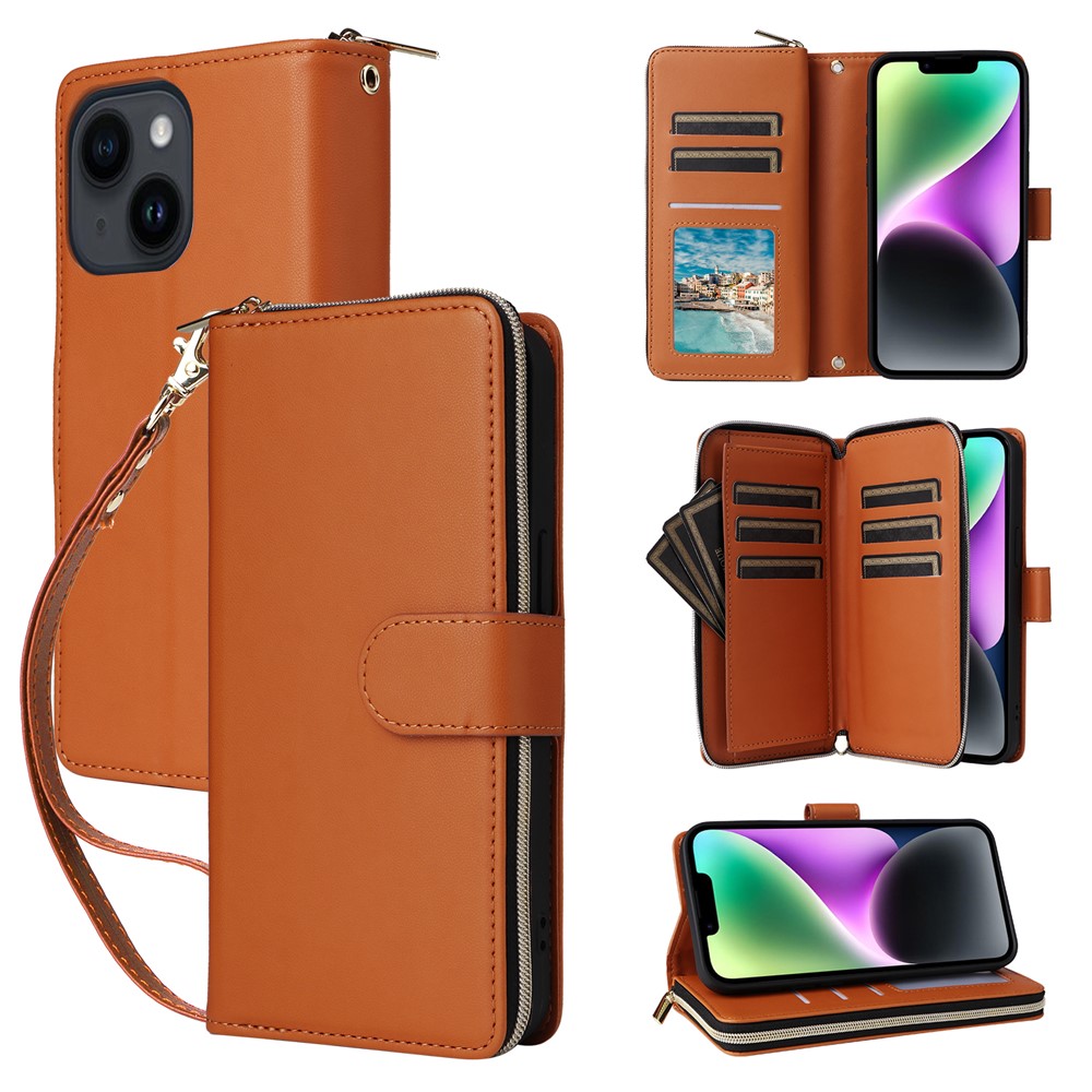 R20 For iPhone 14 / 13 Case Zipper Pocket Leather Phone Cover Stand View - Brown
